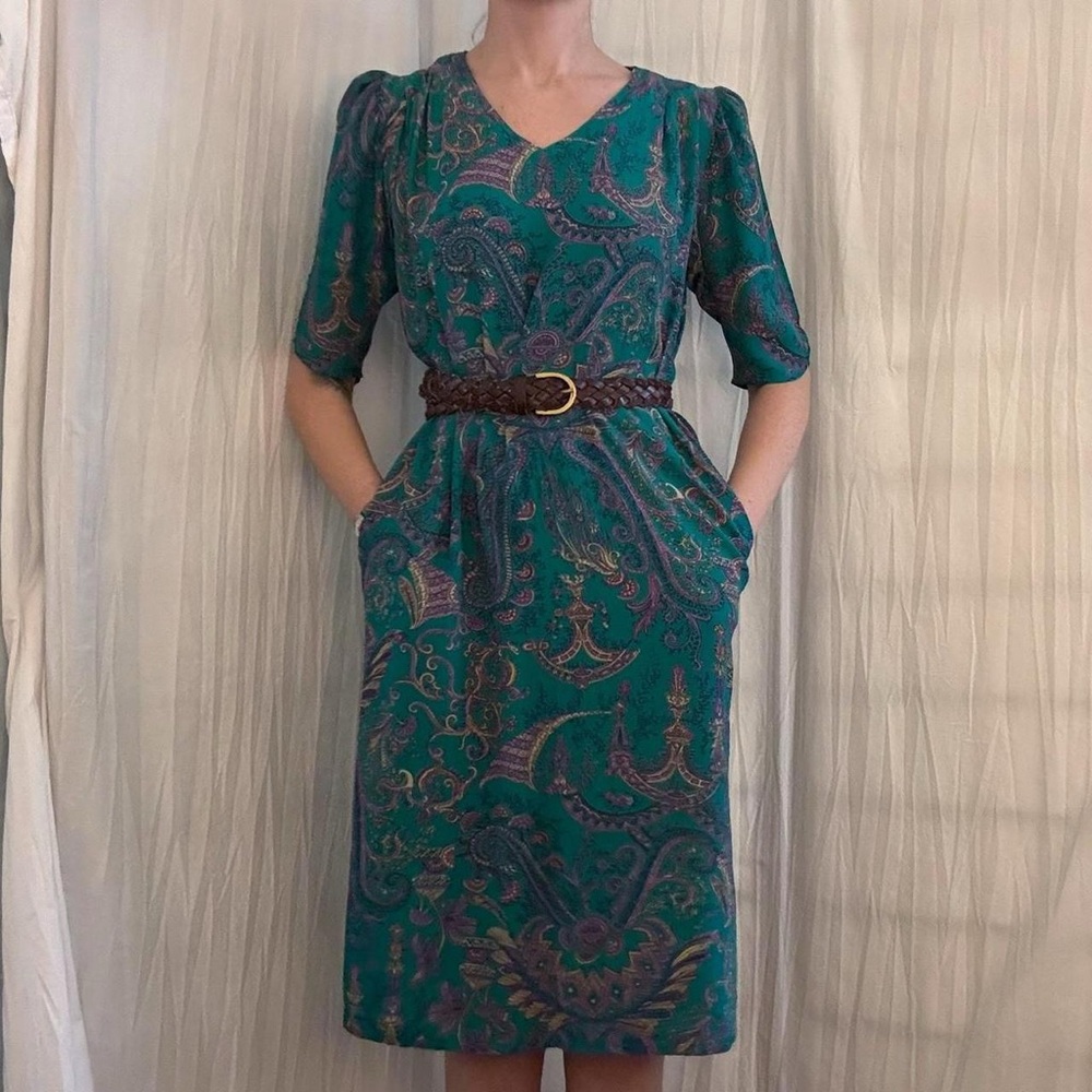 Teal and Purple Paisley Floral Midi Dress Vintage 70s Puff Sleeves Pockets